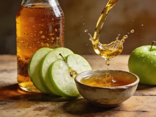 Apple cider vinegar being poured next to fresh green apples