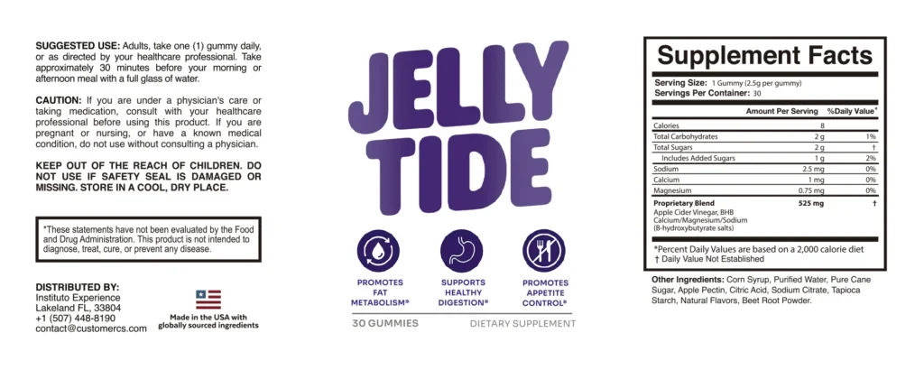 JellyTide label with Supplement Facts: 525 mg proprietary blend of apple cider vinegar and BHB calcium, magnesium and sodium salts, 1 gummy per serving
